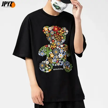 2022年新款重磅纯棉ins小熊刺绣半袖体恤宽松大码短袖t恤男士潮流图片