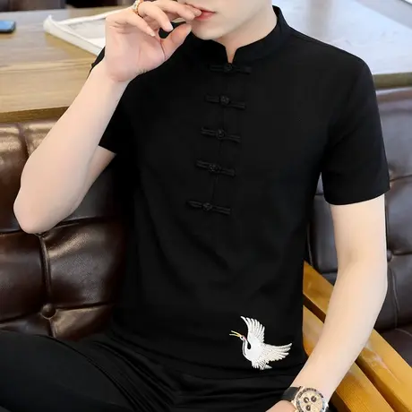 短袖男士夏季2022新款立领刺绣中国风格t恤男装半袖复古盘扣体恤商品大图