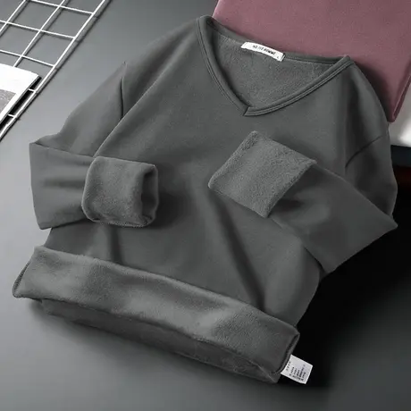 长袖t恤男装V领纯色秋衣小衫加绒加厚秋冬季保暖内搭打底衫体恤衫商品大图