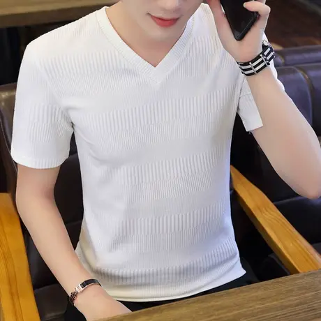 v领t恤男士短袖2025夏季新款潮流百搭半袖上衣服纯色鸡心领体恤衫商品大图