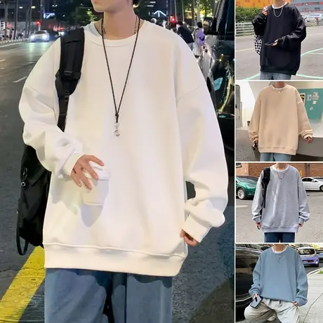 潮牌宽松无帽卫衣男春秋季重磅纯色长袖内搭打底衫ins圆领上衣服t商品大图