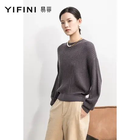 Yifini/易菲宽松圆领落肩针织衫女春秋新款通勤时尚毛衫上衣商品大图