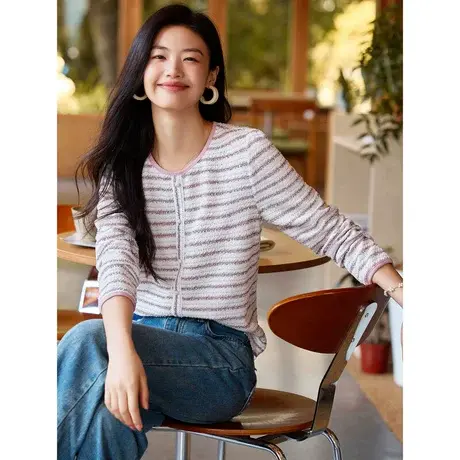 时尚气质条纹针织衫2023年秋季新款淑女温柔显瘦套头圆领通勤上衣图片