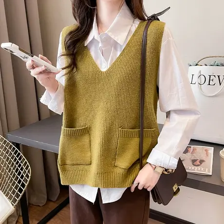 叠穿慵懒针织马甲女2024春秋新款设计感V领宽松坎肩背心女外搭潮商品大图