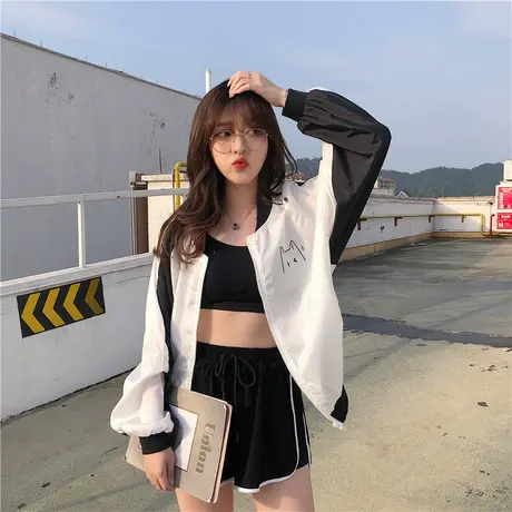 短款嘻哈防晒衣女2021夏天新款学生宽松拼接百搭卡通印花开衫外套图片