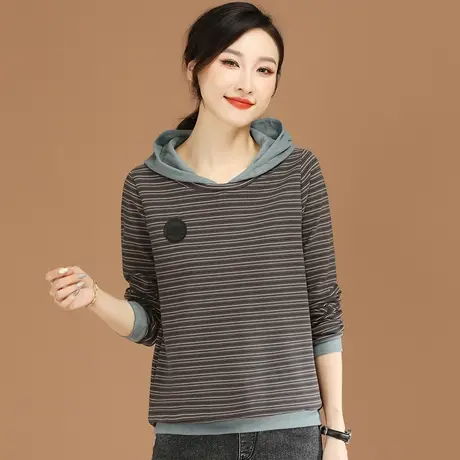 韩潮袭人条纹连帽套头卫衣女2023年新款秋季宽松休闲长袖外套上衣图片