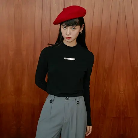 omont蛋挞家 复古半高领织唛长袖T恤女秋季设计感喇叭袖打底上衣商品大图