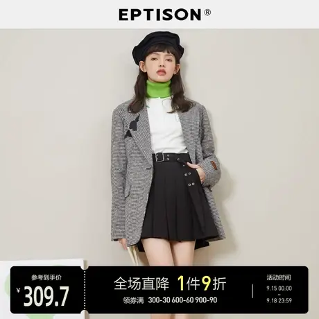 EPTISON毛呢外套女2023春装新款冬季复古格纹加厚保暖长袖上衣图片