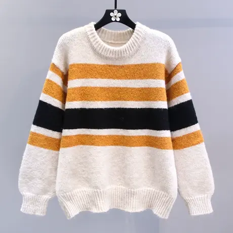 慵懒风撞色条纹毛衣女秋冬2023新款日系宽松加厚圆领套头针织衫图片