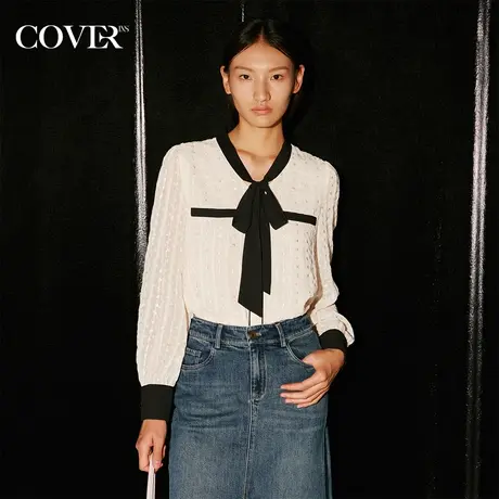 COVER秋季撞色飘带贝壳扣绣花衬衫图片