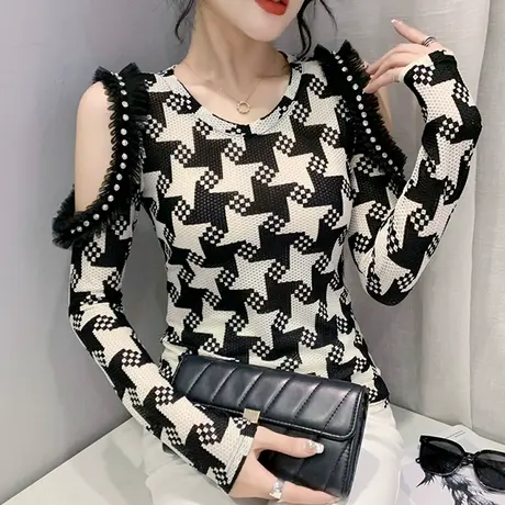 千鸟格露肩T恤女长袖网纱印花别致独特上衣性感显瘦内搭打底衫秋商品大图