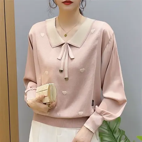 小众设计感系带小方领爱心雪纺袖针织套头打底衫上衣女撞春装新品图片