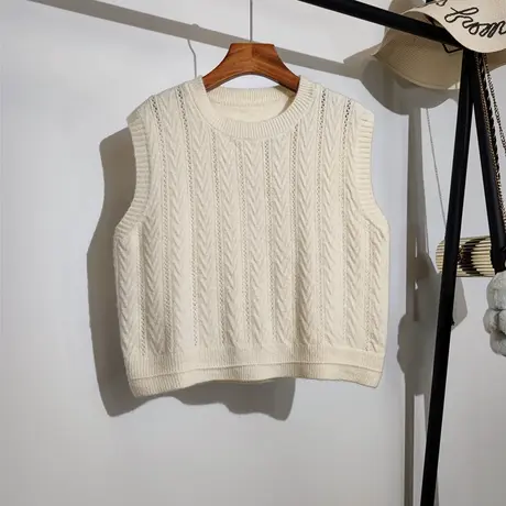 镂空纹理针织背心马甲女秋冬圆领叠穿短款小个子无袖毛衣坎肩外搭图片