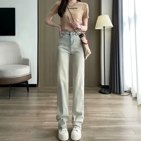 高腰牛仔裤女直筒裤春夏季薄款黄泥色宽松显瘦垂感复古窄版阔腿裤商品大图