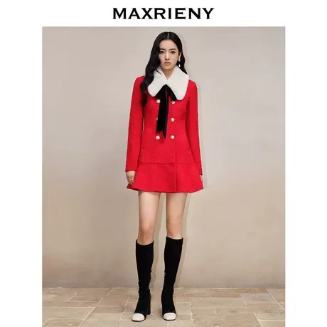 MAXRIENY千金复古感红色外套女羊毛花纱鱼尾大衣新年红氛围感商品大图