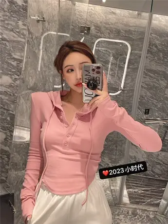 连帽t恤女2023早春新款设计感小众收腰短款长袖百搭上衣打底衫潮商品大图