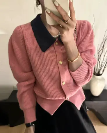 娃娃领羊毛针织开衫短款毛衣外套女欧洲站冬装2023新款欧货女装潮图片