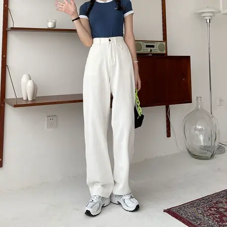OROI梨形身材显瘦2023秋冬高腰显瘦简约阔腿直筒拖地女白色牛仔裤图片