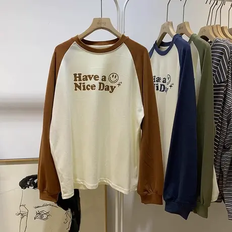 纯棉长袖T恤女2023秋季新款宽松插肩袖上衣撞色拼接内搭打底衫潮商品大图