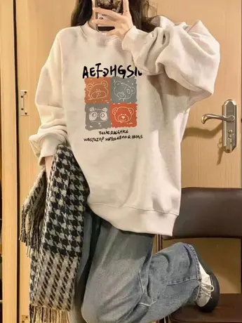 港风chic无帽灰色卫衣女秋薄款大码宽松ins潮设计感小众长袖上衣商品大图