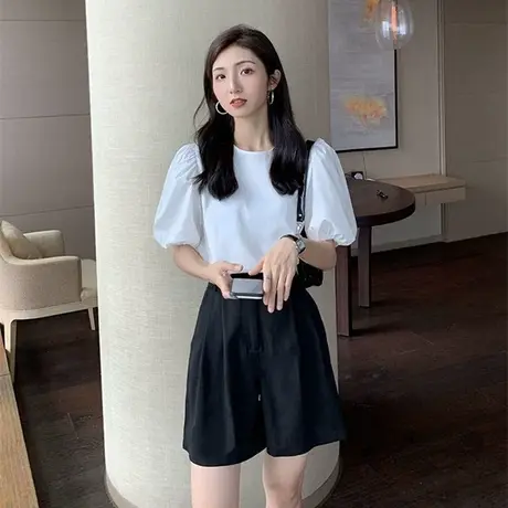 灯笼泡泡袖小众设计感法式别致上衣宽松白色t恤女夏短袖2024新款商品大图