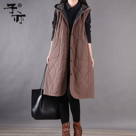 子亦冬装女装中长款纯色棉衣马甲外套 口袋连帽夹棉加厚无袖马夹图片