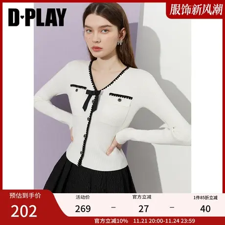 DPLAY2023秋新法式优雅时尚白短款V领蝴蝶结撞色贝克绣针织开衫商品大图