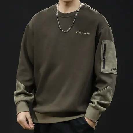 潮牌卫衣男秋冬款圆领男款重磅衣服秋季23新款长袖大码撞色麂皮绒商品大图