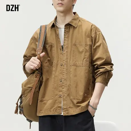 男士卡其色工装衬衫外套潮牌男美式复古痞帅男装宽松上衣休闲外搭商品大图