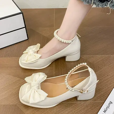 玛丽珍女鞋夏季单鞋2023新款法式珍珠粗跟蝴蝶结配裙子气质小皮鞋商品大图
