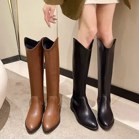 不过膝长筒靴女秋冬新款2023v口复古大筒围粗跟时装长靴尖头女靴图片