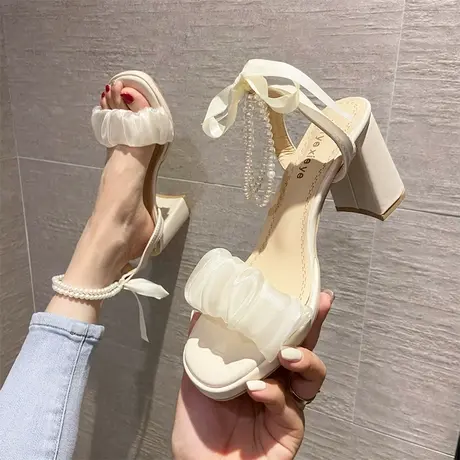 法式粗跟凉鞋女2022年新款夏季女鞋时尚珍珠罗马绑带仙女风高跟鞋商品大图