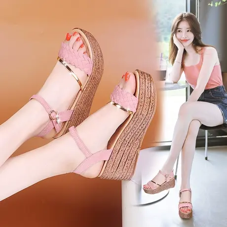 2023夏季新款休闲平底舒适坡跟凉鞋女高跟防水台厚底百搭松糕女鞋商品大图