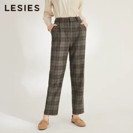 LESIES蓝色倾情春秋装格子亮片中腰百搭直筒长裤双口袋裤子商品大图