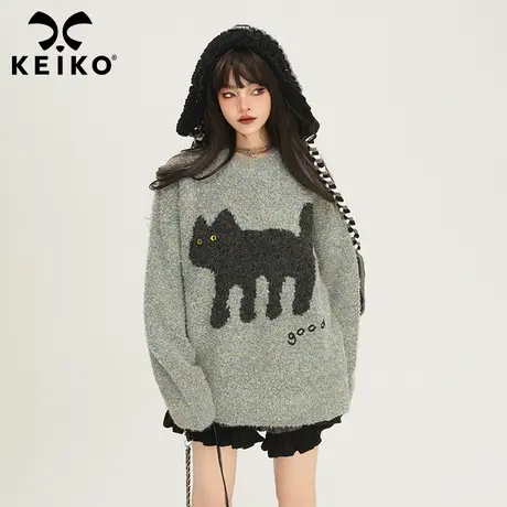 KEIKO 设计感黑猫提花圆领毛衣女秋冬慵懒风绒感花纱针织上衣厚款商品大图