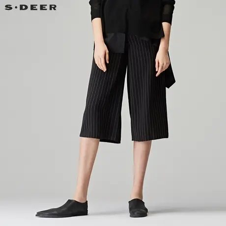 sdeer圣迪奥秋装女装细腰黑白条纹OL西装阔腿裤中裤S18180816商品大图