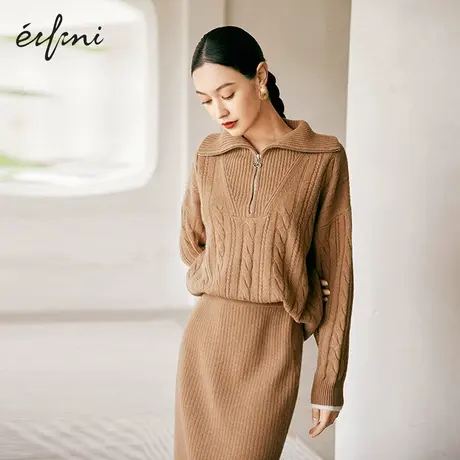 【商场同款】伊芙丽2021冬季新款复古翻领套头针织衫女1CA433301商品大图