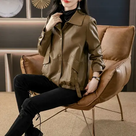 2024年新款韩版气质胖mm大码女装春秋韩版时尚宽松皮衣外套女洋气图片