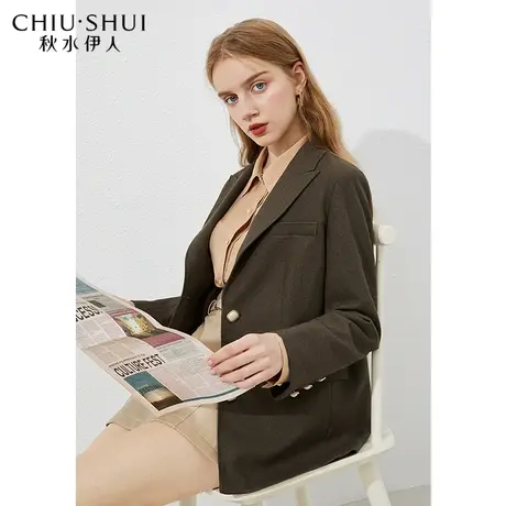 秋水伊人2021年春装新款女装时尚通勤纯色中长款直筒西装外套女图片
