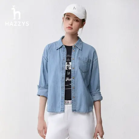 【100%纯绵】Hazzys哈吉斯奥莱24早春宽松落肩牛仔衬衫外套衬衣女商品大图