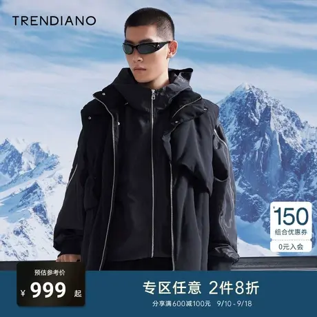 TRENDIANO官方男装冬季新款宽松连帽风衣外套男商品大图