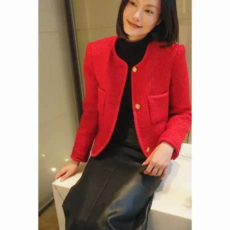 2023冬季圣诞新款法式气质名媛红色小香风高级感短款粗花呢外套图片