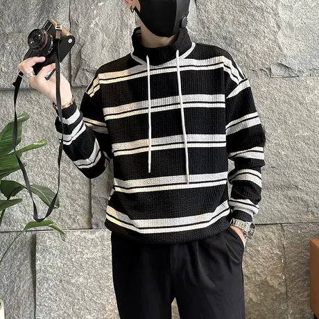 春秋季条纹拼接半高领卫衣男潮流个性长袖T恤衫韩版休闲套头上衣商品大图