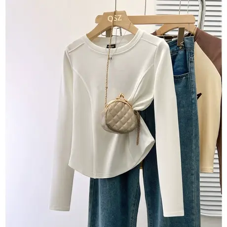 纯欲风长袖t恤女正肩不规则设计感显瘦小众白色短款内搭鱼骨上衣商品大图