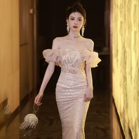 一字肩晚礼服女2023新款亮片鱼尾裙轻奢小众高端主持人宴会气质商品大图