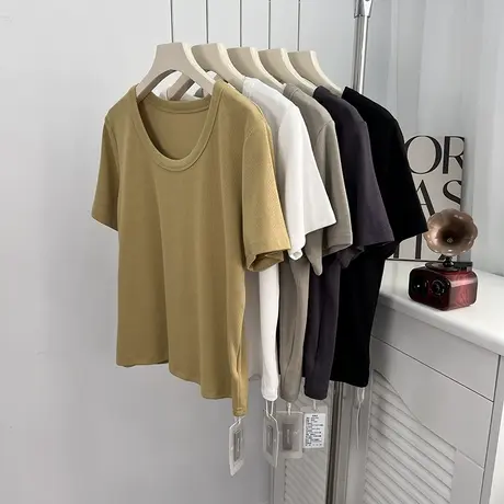 水滴u领正肩短袖t恤女春夏显瘦百搭螺纹棉白色打底衫短款纯色上衣商品大图