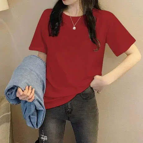 常规圆领纯色短袖T恤女2024年新款夏季宽松休闲洋气打底内搭上衣商品大图