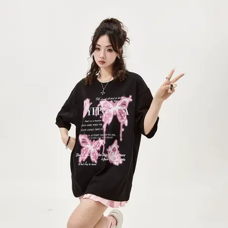 YEP黑色蝴蝶印花短袖t恤女春夏2024新款美式复古宽松oversize上衣图片