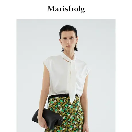 【弹力桑蚕丝】玛丝菲尔22夏季新品白色收腰无袖带领巾通勤衬衫女图片