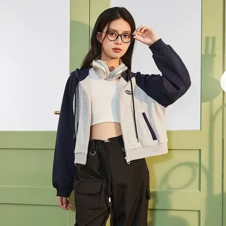唐狮女卫衣春秋季连帽开衫短款美式复古拼接撞色外套小个子运动图片